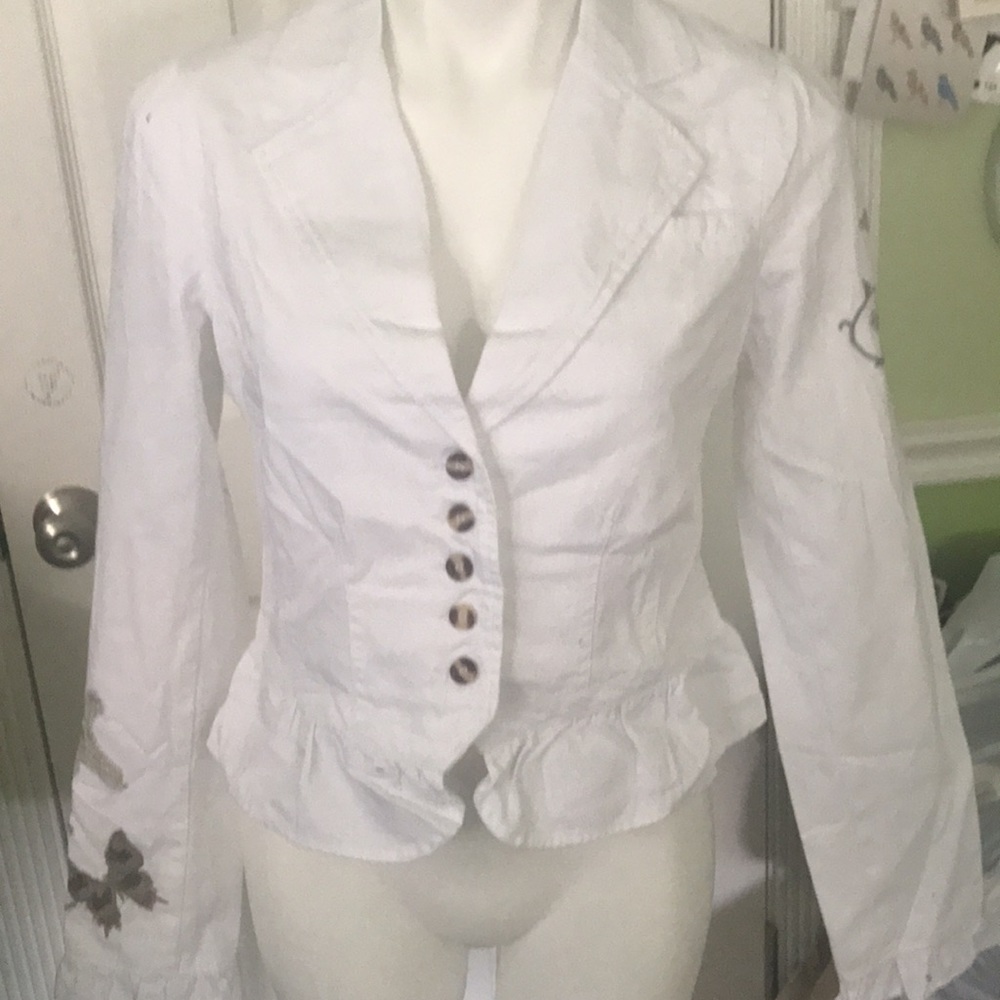 White cropped embroidered butterfly jacket